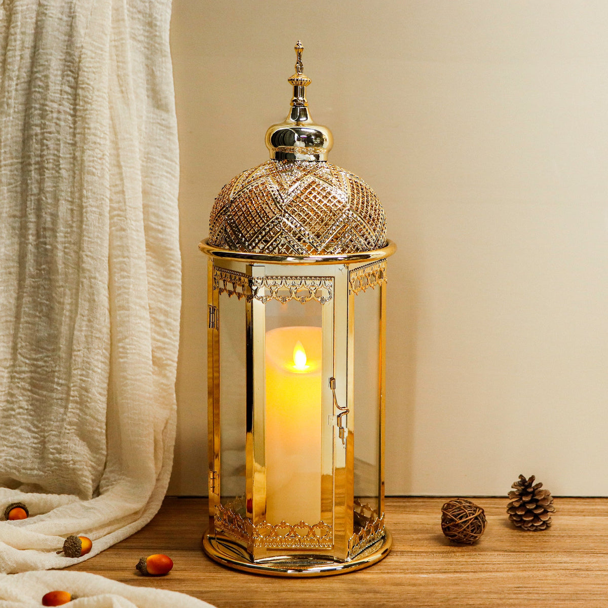 Moroccan Candle Lantern 17'' Gold Hexagonal Candle Holder-2