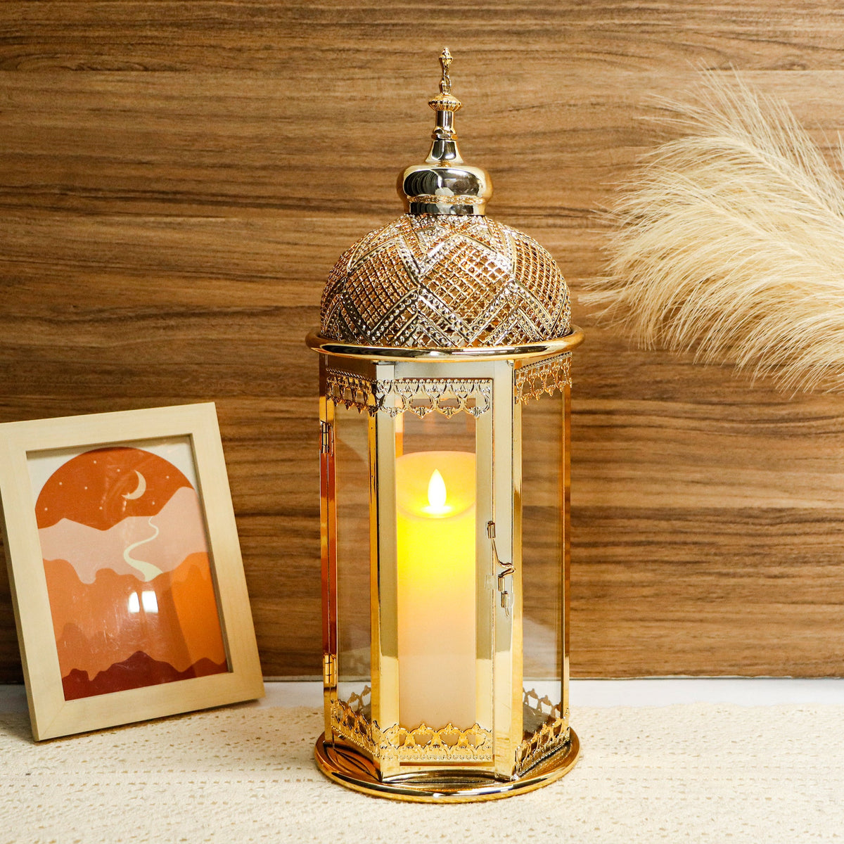 Moroccan Candle Lantern 17'' Gold Hexagonal Candle Holder-3