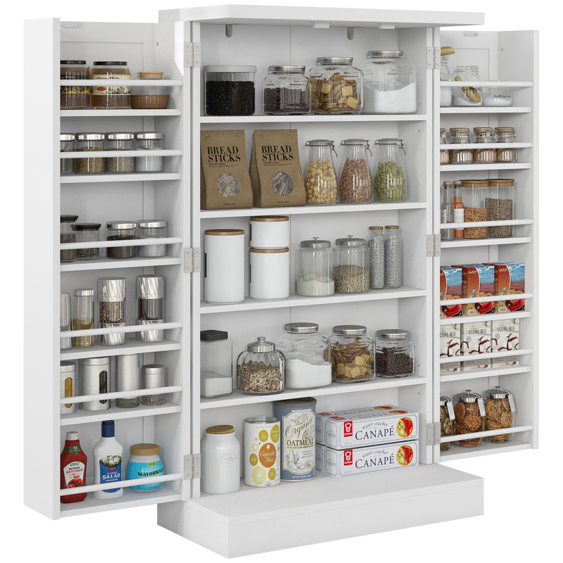 Kitchen Cupboard with Double Doors, 5-Tier Shelf, 12 Spice Racks, White