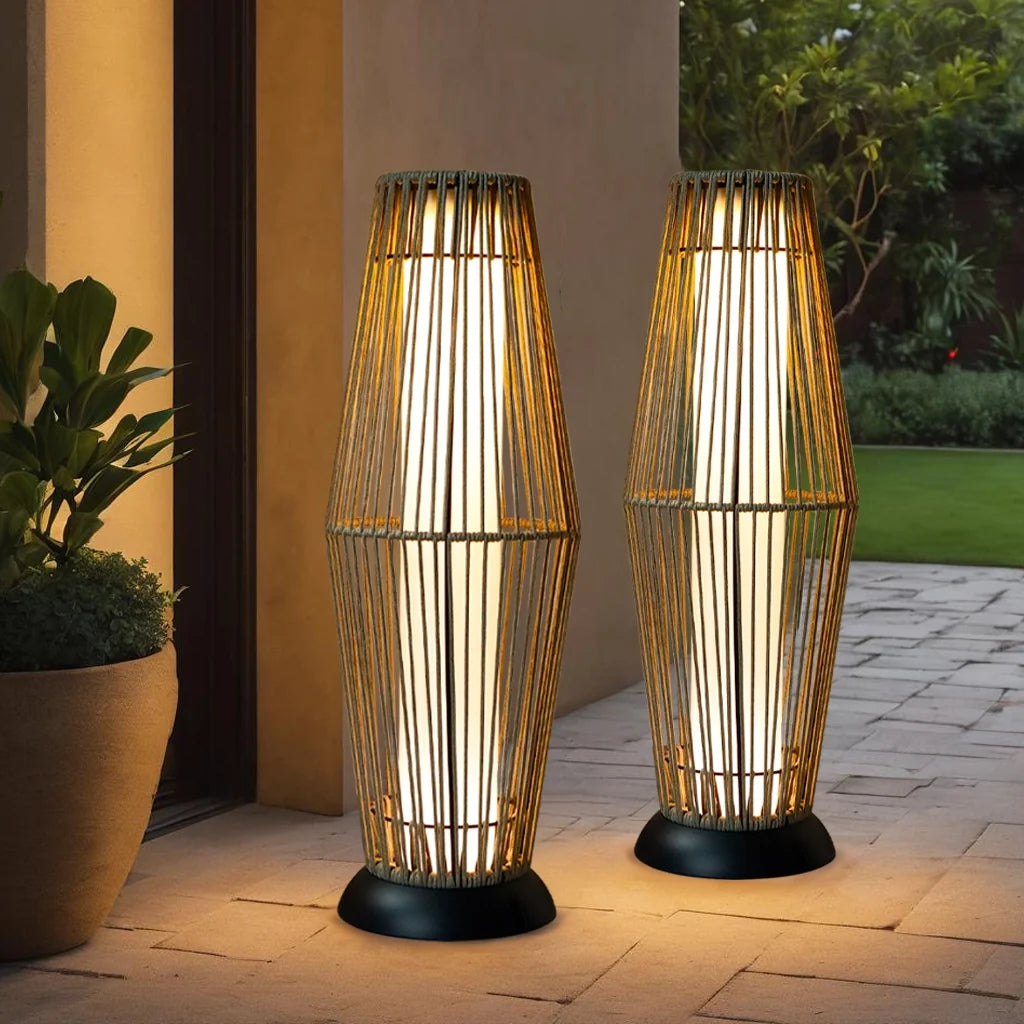 Outdoor Floor Lamp 2 Piece Solar Powered Lantern Wicker Solar Patio Lamp-0