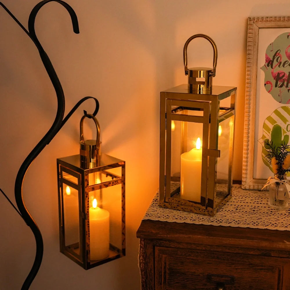 12'' High Metal Candle Holder Outdoor Candle Lantern with Tempered Panels-2
