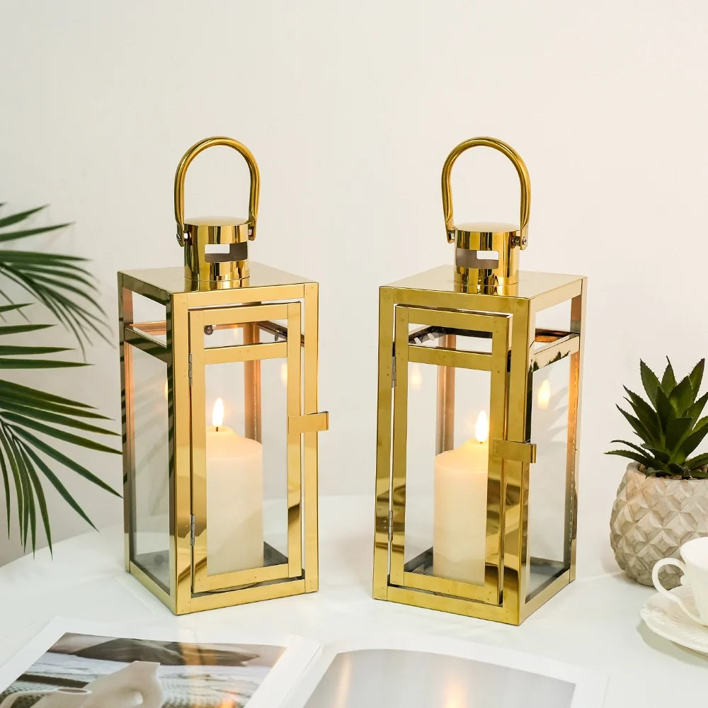 12'' High Metal Candle Holder Outdoor Candle Lantern with Tempered Panels-1