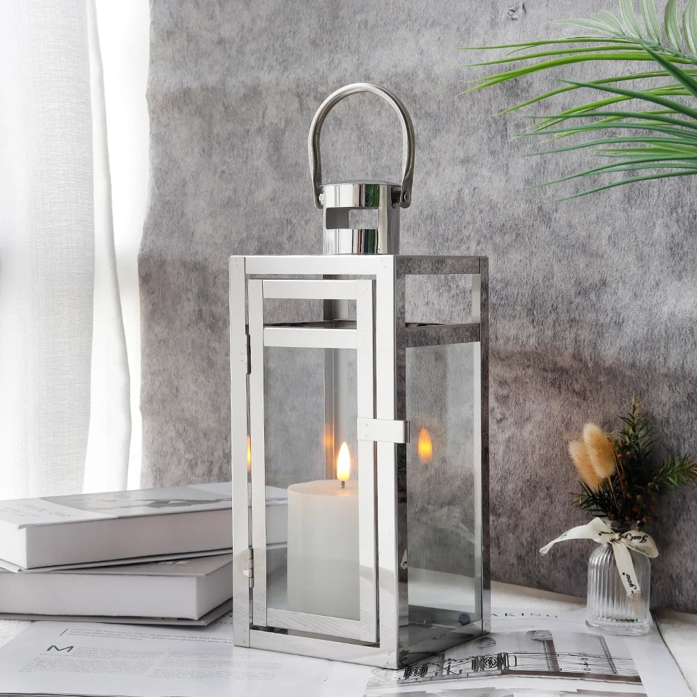 12'' High Metal Decorative Candle Lantern (Silver)-1